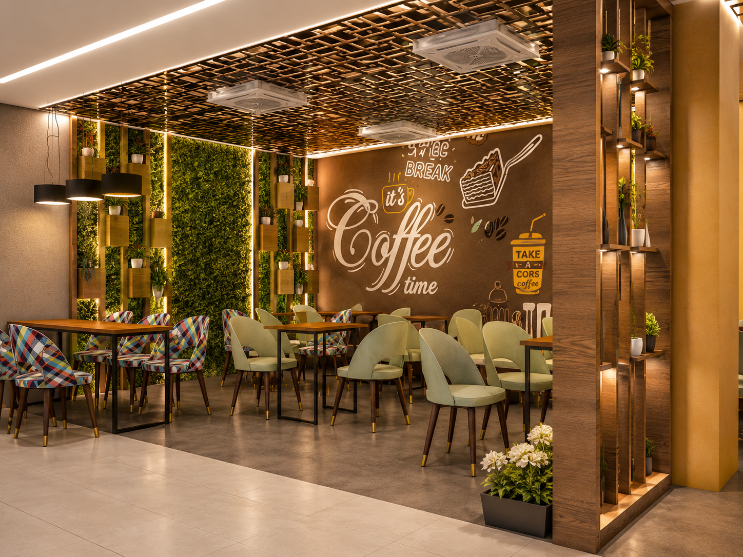 Cafe interior 3D rendering with cozy wooden seating