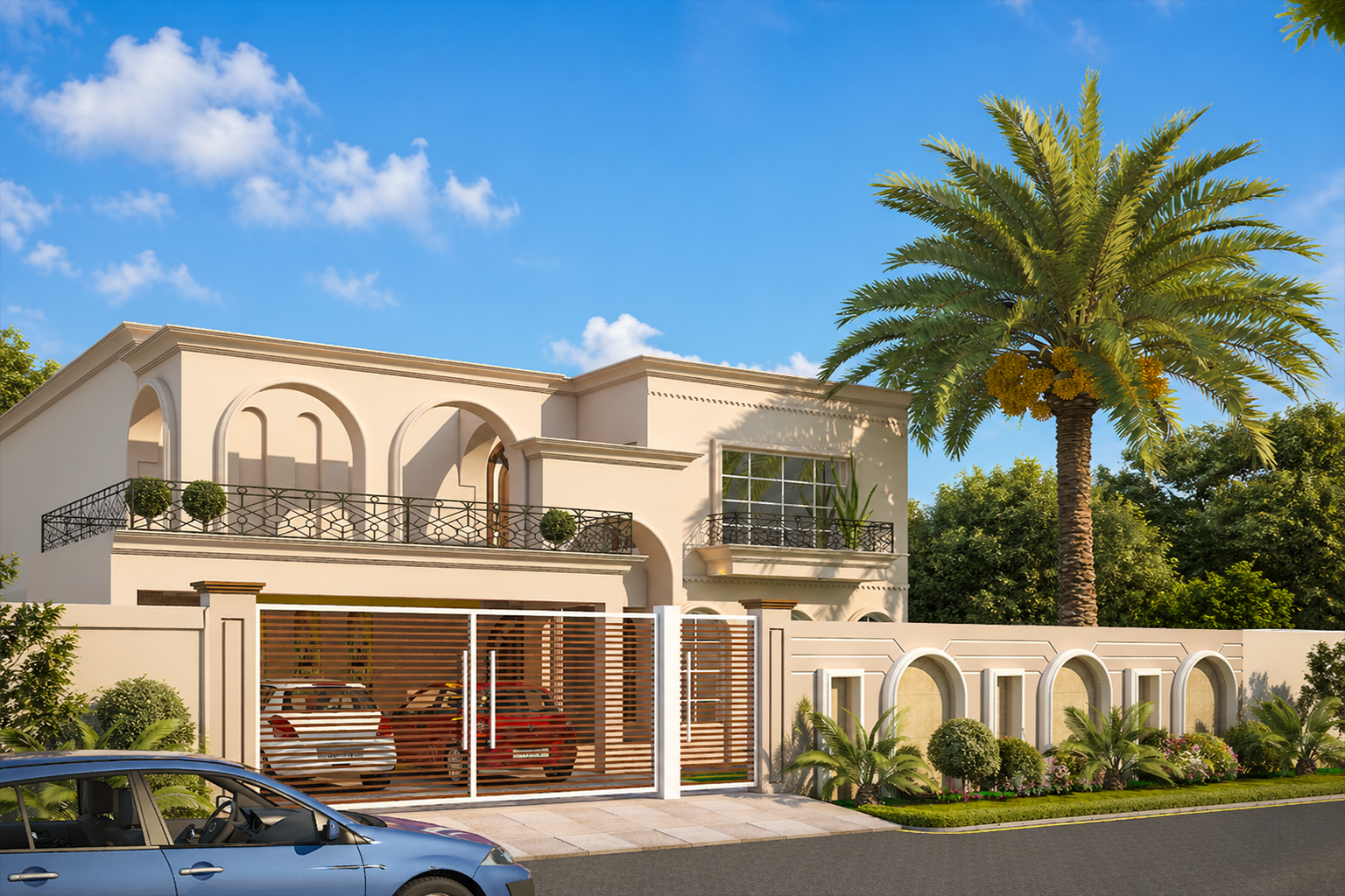 3D architectural model of a residential villa showing full building geometry facade detail roof structure and site context built from architectural drawings by Studio3 Pakistan