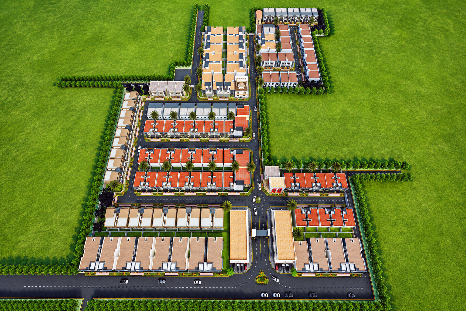 3D architectural massing and site model of a housing society showing building blocks road layout landscape zones for planning approval and developer presentation in Pakistan by Studio3