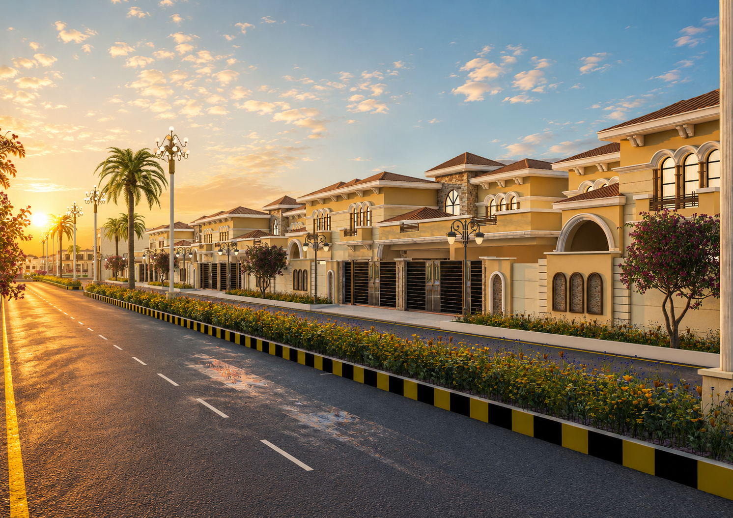 3D exterior rendering of a residential housing society with Mediterranean style villas palm trees flower hedges and golden sunset lighting for DHA or Bahria Town project in Pakistan by Studio3