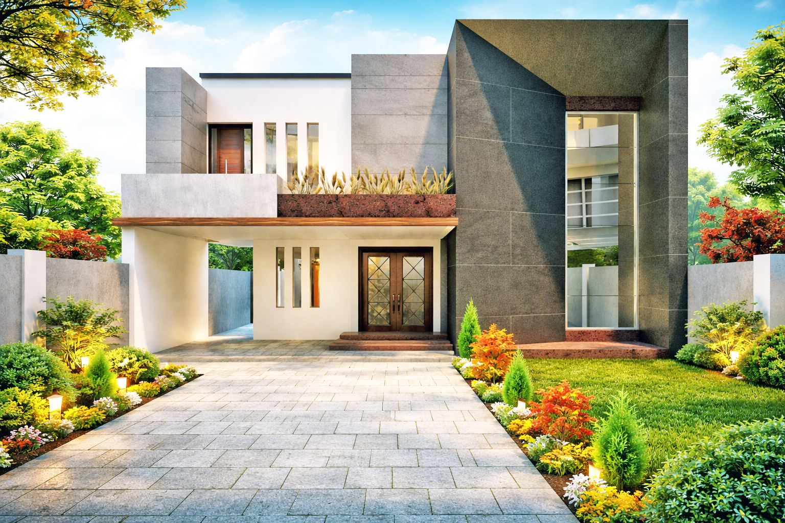 3D exterior rendering of a contemporary residential villa with concrete stone facade double entrance doors rooftop planter and landscaped stone pathway by Studio3 Pakistan