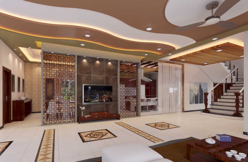 Photorealistic 3D interior rendering of a modern living room with warm lighting premium furniture textured walls and wooden flooring by Studio3 Pakistan