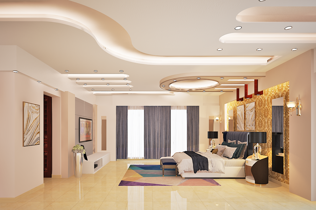 3D interior design rendering of a contemporary master bedroom with soft lighting built-in wardrobe upholstered headboard and modern decor by Studio3 Pakistan