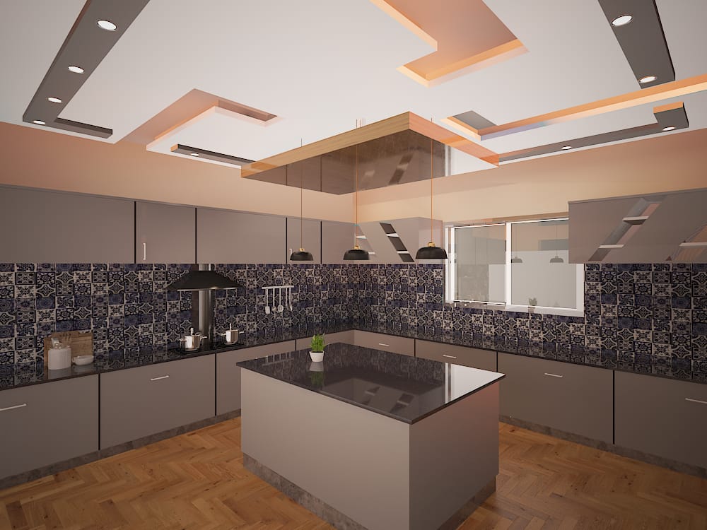 Photorealistic 3D kitchen interior rendering of a modern modular kitchen with island counter pendant lights high gloss cabinetry and stone countertops by Studio3 Pakistan