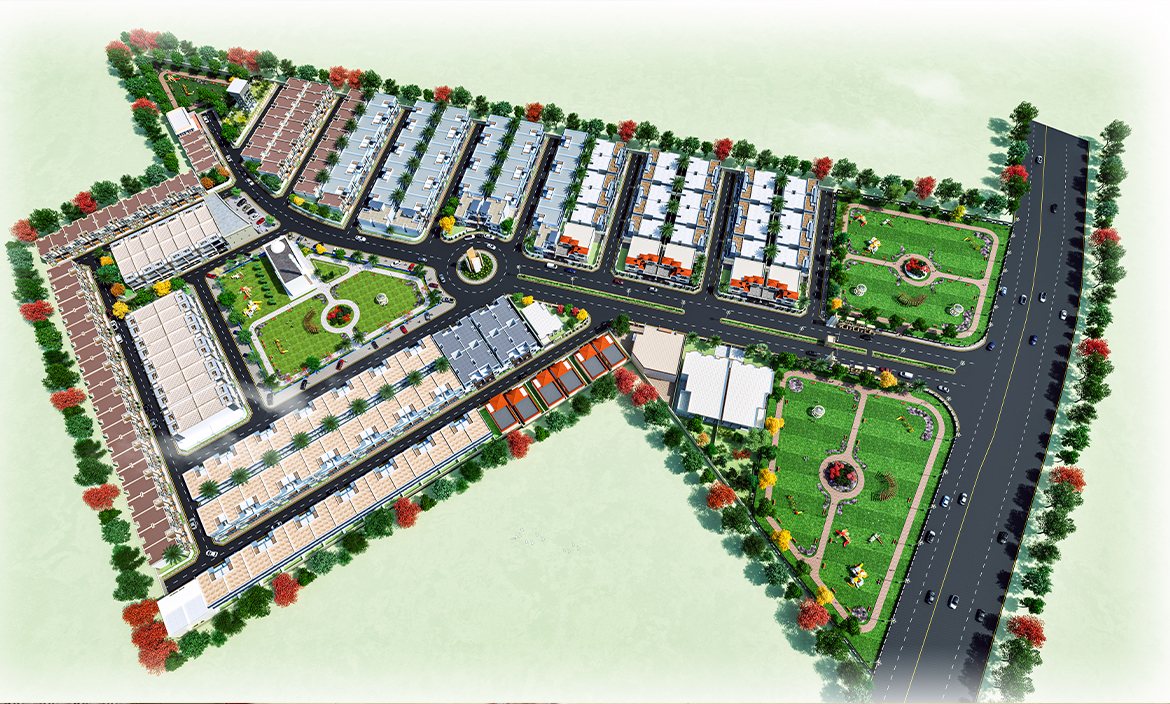 Bird's eye aerial 3D rendering of a commercial complex with surrounding roads parking landscaping and site context for real estate development in Pakistan by Studio3