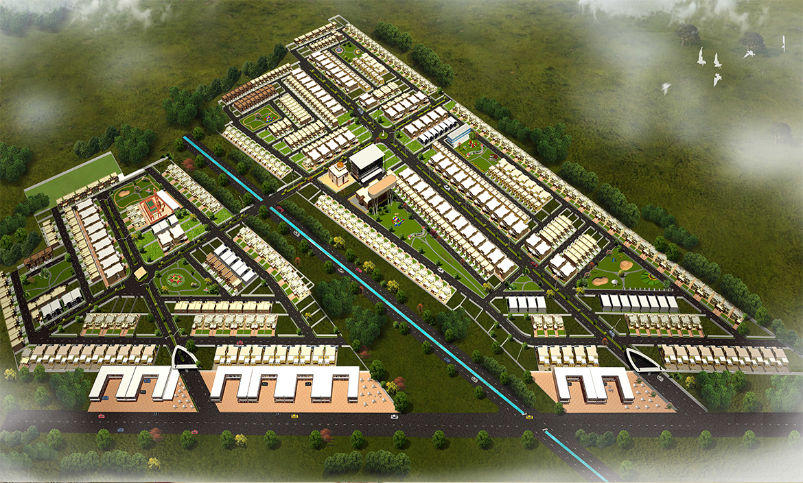 Overhead aerial 3D visualization of an urban master plan with full road network zones green spaces and surrounding environment for developer or government project in Pakistan by Studio3