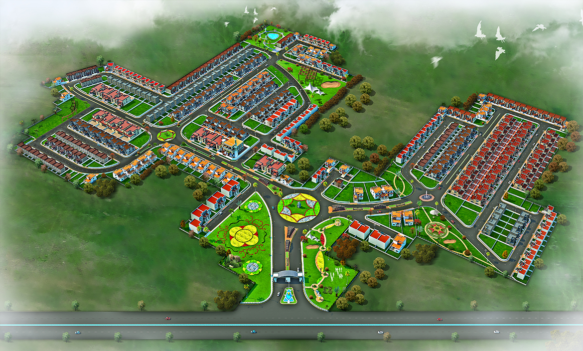 Aerial 3D rendering of a residential housing society master plan showing building blocks roads parks and landscaping for real estate marketing in Pakistan by Studio3