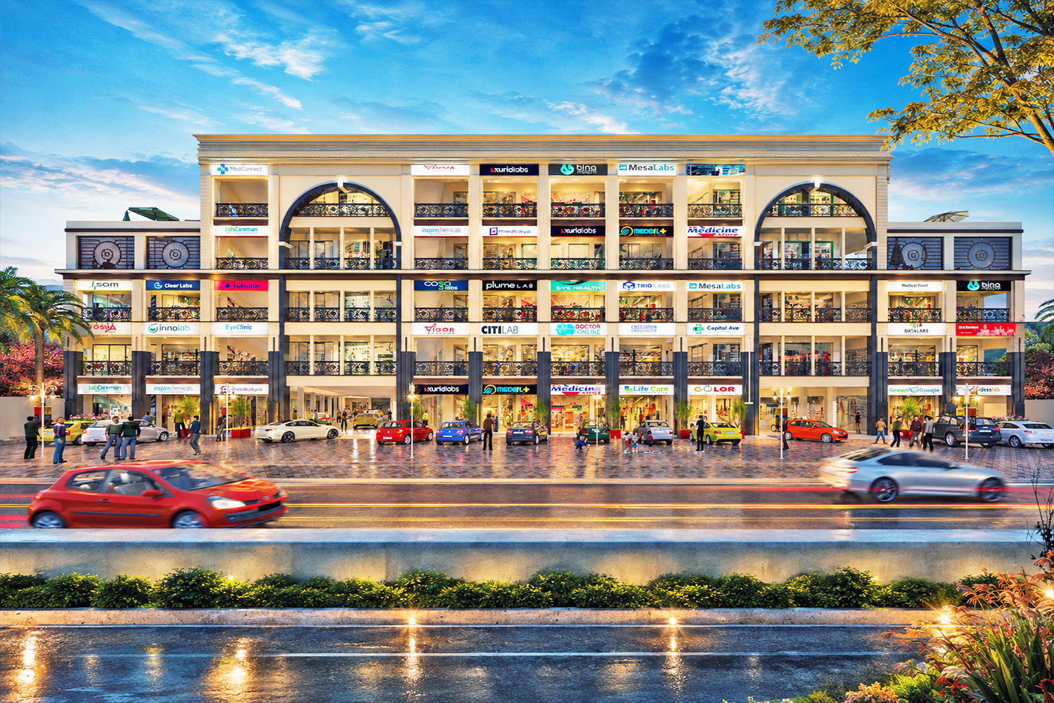 Photorealistic 3D exterior rendering of a multi-storey commercial plaza with retail and medical tenant shops, classical arched facade and evening street lighting by Studio3 Pakistan
