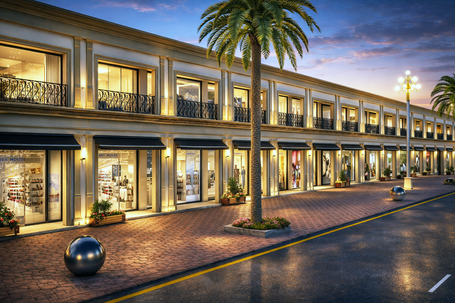 3D photorealistic rendering of a luxury two-storey retail strip with European facade, floor-to-ceiling shop windows, palm trees and evening ambient lighting for commercial real estate project in Pakistan