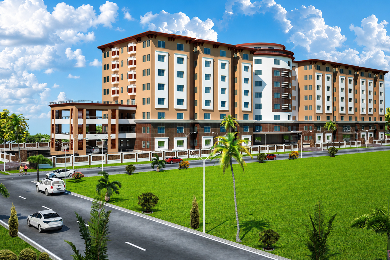 3D exterior architectural rendering of a multi-storey mixed-use residential and commercial high-rise complex with landscaped frontage and palm-lined road by Studio3 Pakistan