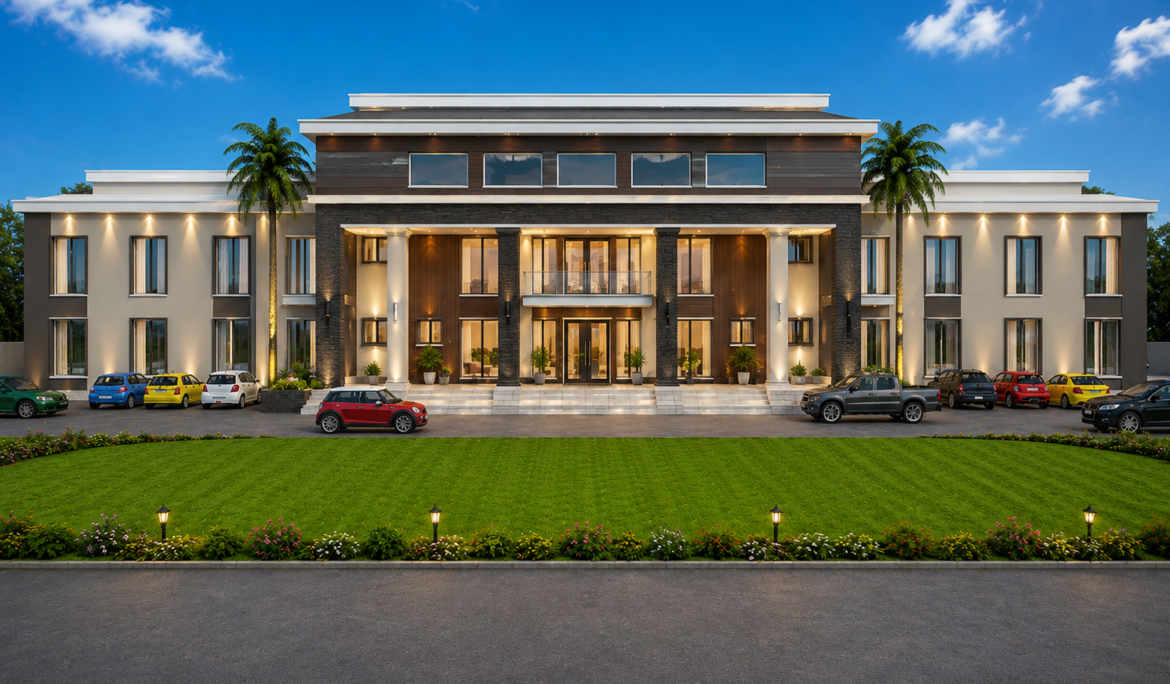 Photorealistic architectural rendering of a modern Dubai real estate development created by Studio3