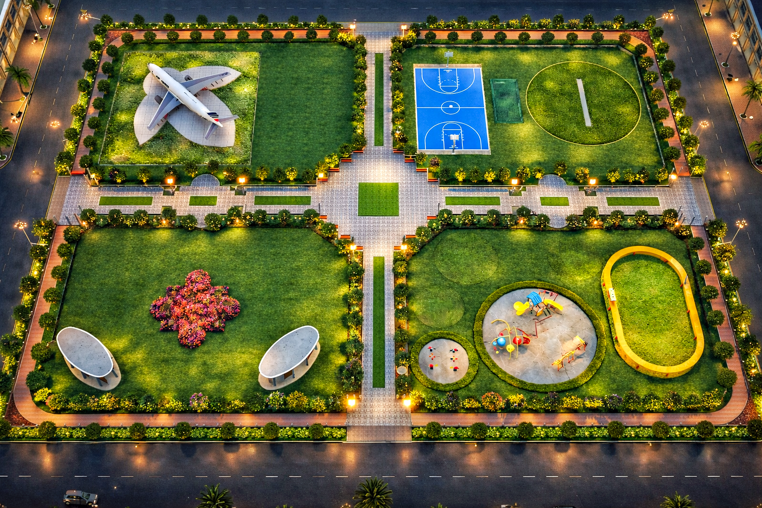 3D aerial landscape render of a multi-zone community park in Pakistan featuring basketball court, children's playground, running track, flower beds and evening lighting for housing society project