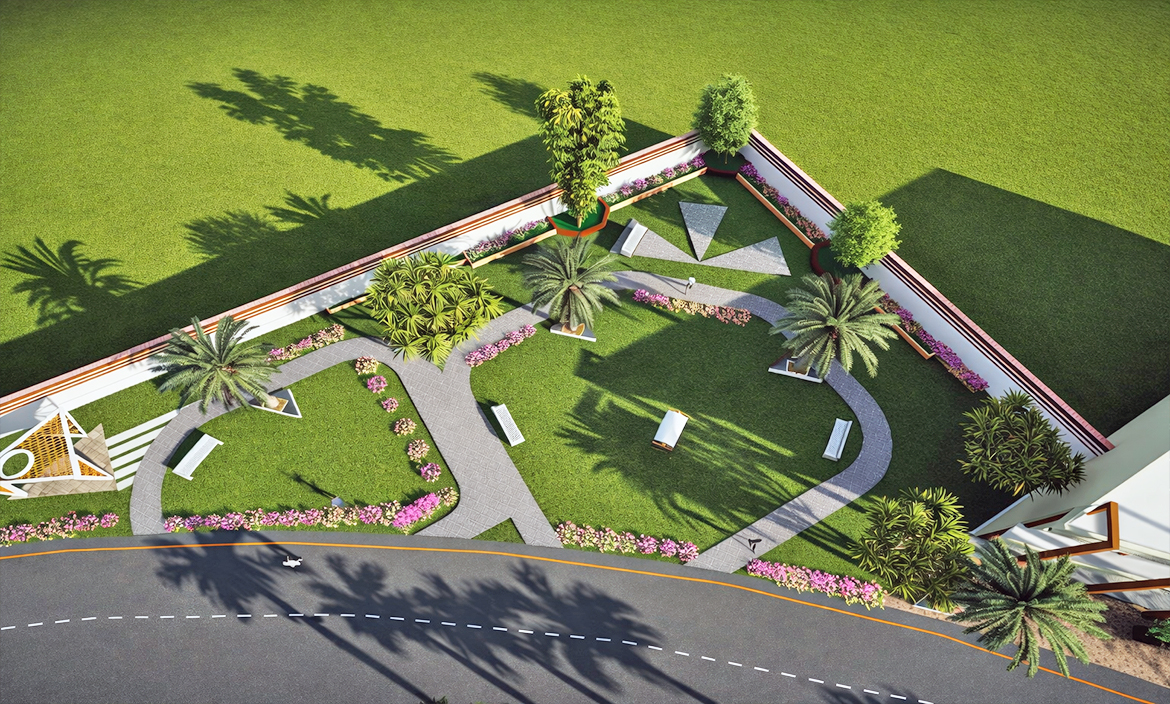 Photorealistic 3D landscape design render of a residential corner plot garden with curved pathways, palm trees, flower borders and outdoor seating in Pakistan