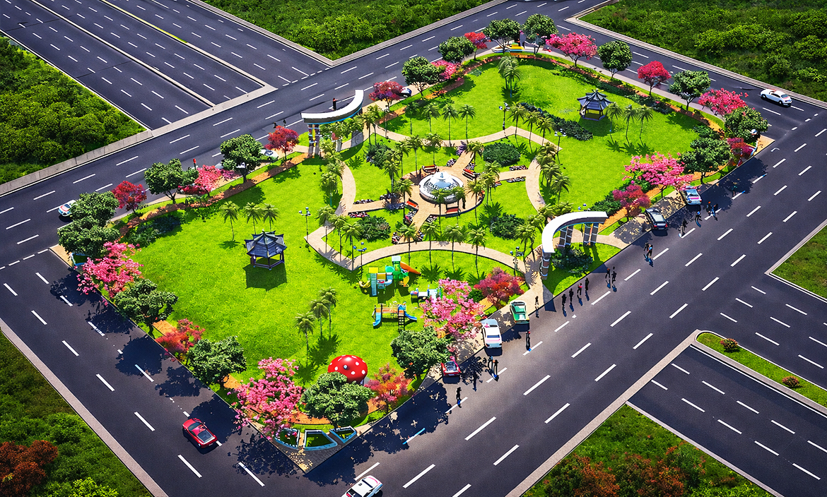 3D aerial render of an urban public park at a road intersection featuring central dome, gazebos, palm-lined walkways, blooming trees and children's play area for DHA or municipal landscaping project in Pakistan