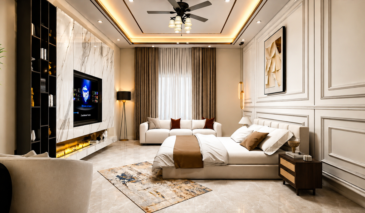 Photorealistic 3D interior rendering of a modern Saudi living room by Studio3.pk