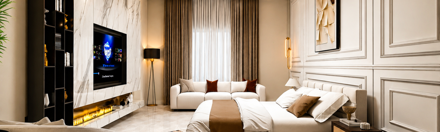Photorealistic 3D interior rendering of a modern Saudi living room by Studio3.pk
