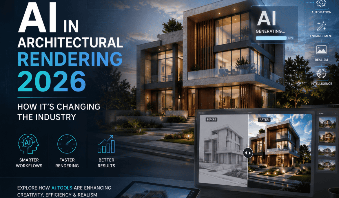Architect using AI architectural rendering tools to create a photorealistic building visualization in 2026