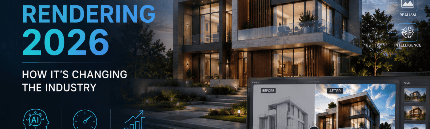 Architect using AI architectural rendering tools to create a photorealistic building visualization in 2026