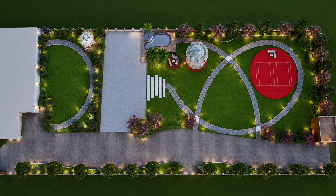 3D landscape architecture rendering of a garden with mature trees and pathways