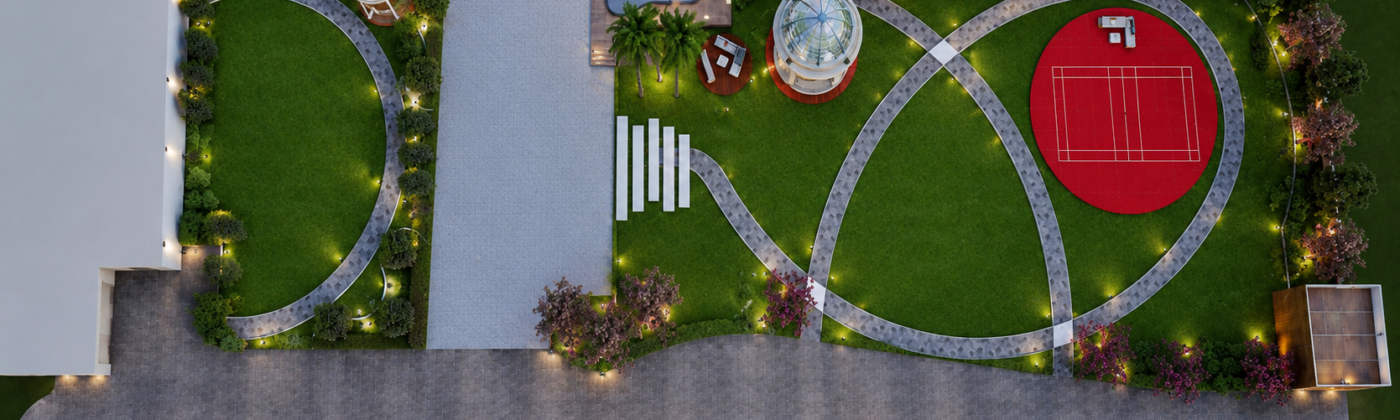3D landscape architecture rendering of a garden with mature trees and pathways