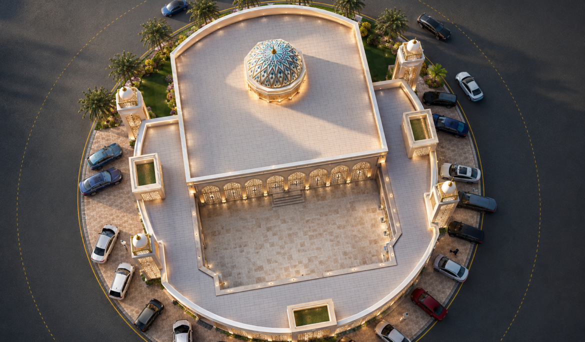 Mosque architectural rendering showing domes and minarets in photorealistic 3D visualization