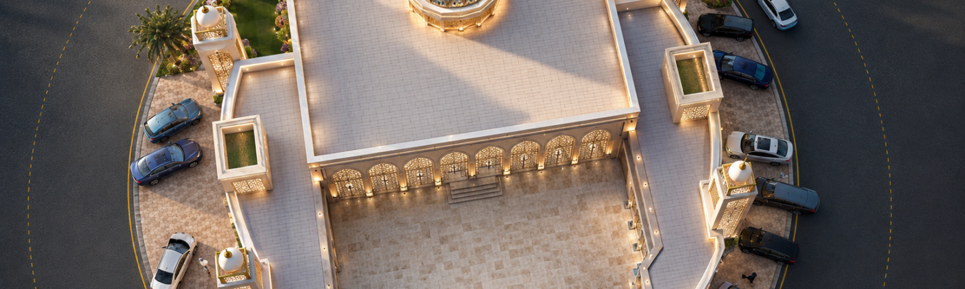 Mosque architectural rendering showing domes and minarets in photorealistic 3D visualization