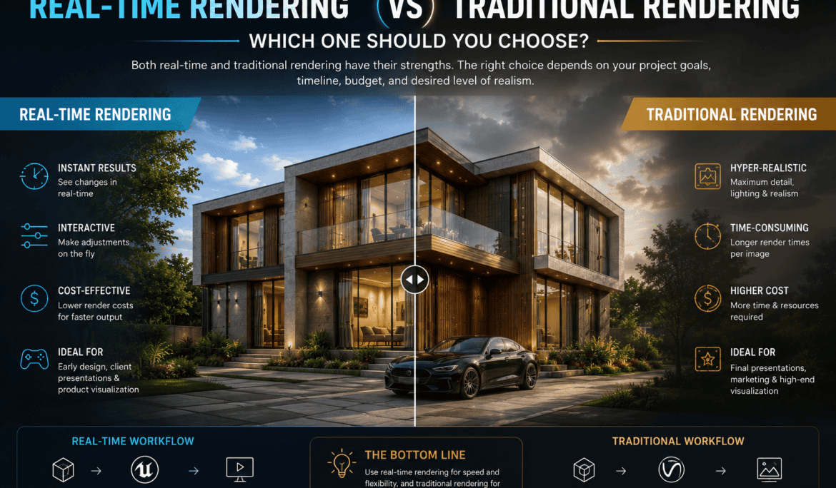 Split-screen comparison of real-time rendering vs traditional rendering in a 3D architectural scene