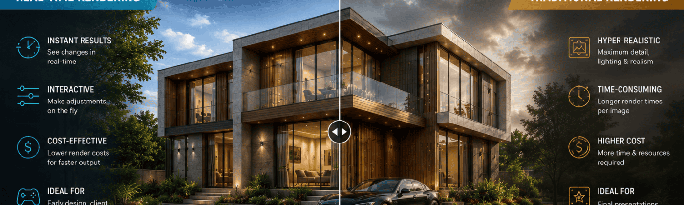 Split-screen comparison of real-time rendering vs traditional rendering in a 3D architectural scene