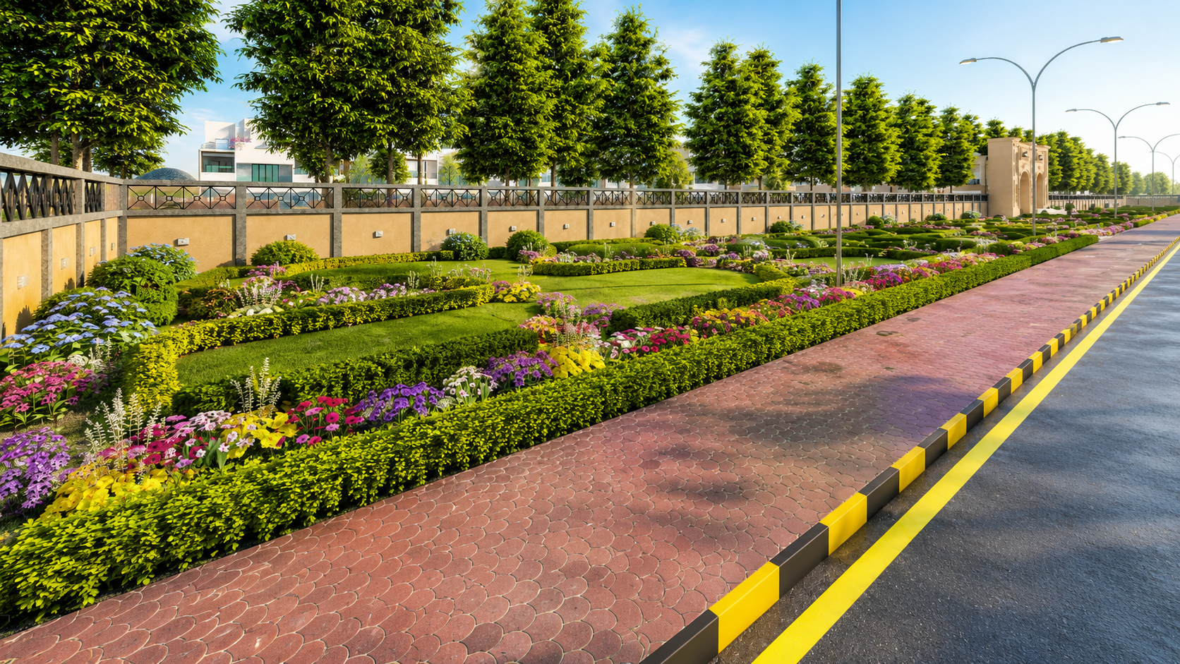 Boundary wall landscaping 3D rendering along main road