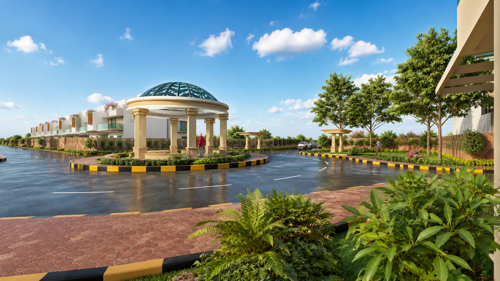 Residential street with gazebo and villas 3D rendering