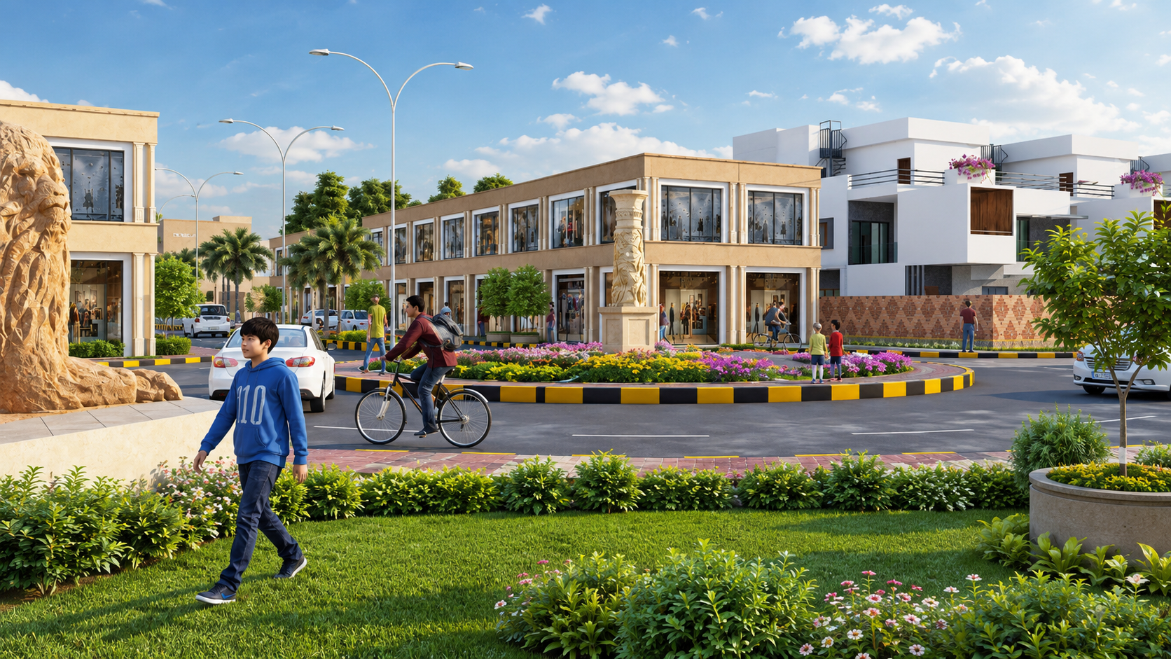 Residential villas street with monument pillar 3D rendering